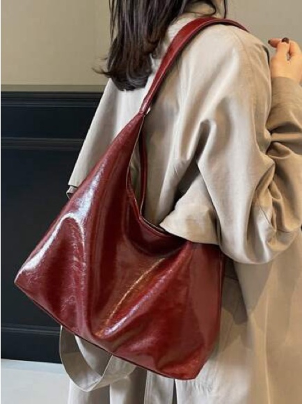 Glossy Wine maroon burgundy Shoulder Hobo tote Bag